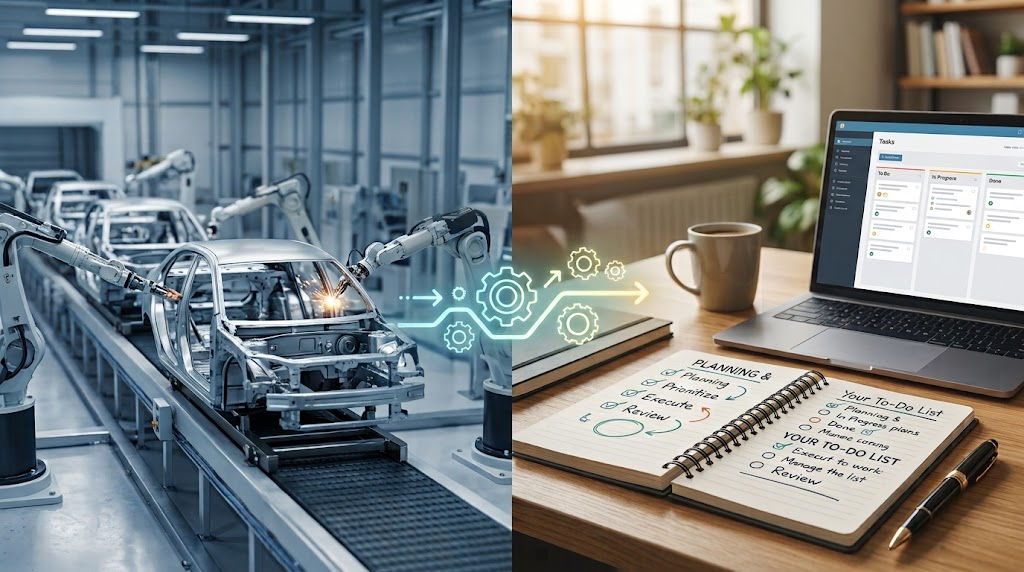 A car assembly line beside a desk with a Kanban task board and to-do list